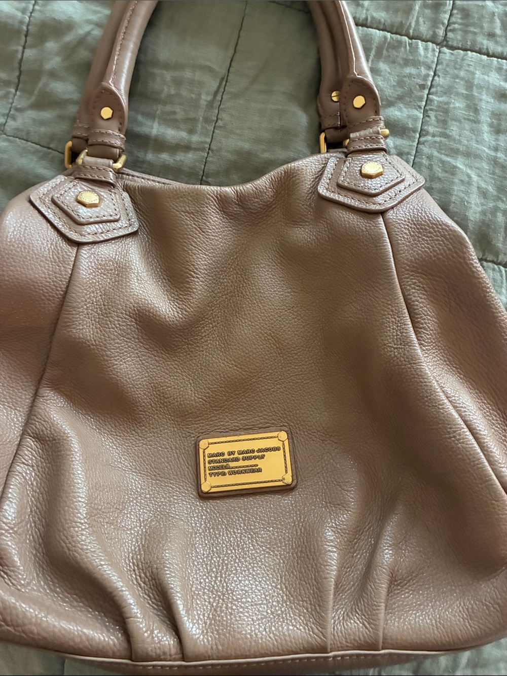 Marc by Marc Jacobs Taupe Pebbled Leather Shoulder Bag with Gold Plaque